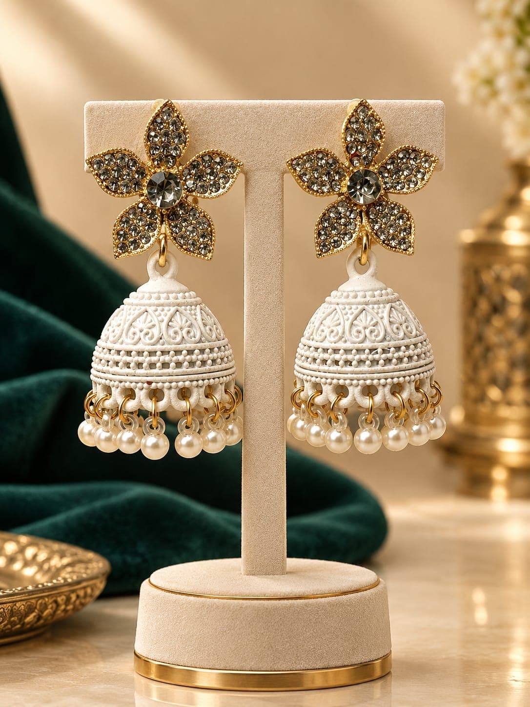 Mate Jumki – Premium White Jhumka Earrings with Crystal Floral Design & Pearl Drops-Earrings - 0069